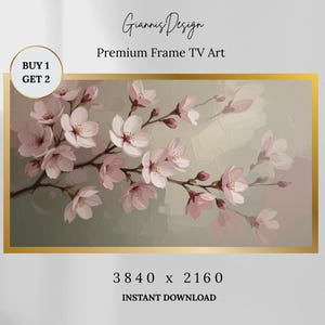 Puede incluir: Impresión digital de ramas de flores de cerezo rosas sobre un fondo neutro, enmarcada con un borde dorado. La obra de arte incluye el texto "Giannis Design" y "Premium Frame TV Art". La resolución de la imagen es 3840 x 2160.