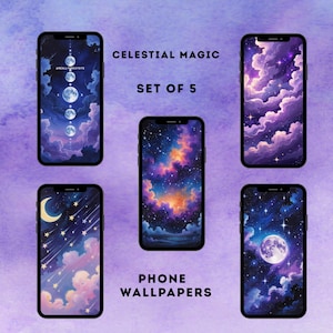 Celestial Galaxy Stars Phone Wallpaper Bundle, magische Nachthimmel-Hintergründe, verträumte kosmische Ästhetik, Set mit 5 digitalen Downloads