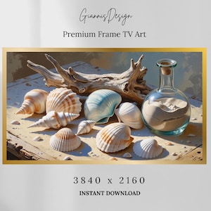 Coastal Still Life Frame TV Art | Vintage Seaside Decor | Samsung TV Art Download | Pastel Beach Shells Oil Painting | Digital Art Frame TV