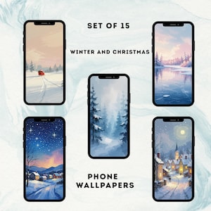 May include: A collection of five phone wallpapers featuring winter and Christmas scenes. The images include snowy landscapes, starry nights, and cozy village scenes. Text on the image reads "SET OF 15" and "PHONE WALLPAPERS".