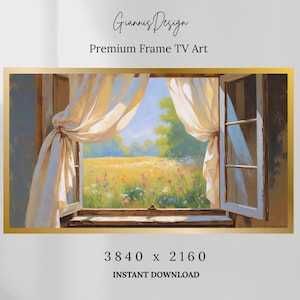 May include: A digital painting of an open window with cream-colored curtains, revealing a sunny field of wildflowers and trees. The artwork is framed in gold and includes the text "Giannis Design Premium Frame TV Art" and "3840 x 2160 INSTANT DOWNLOAD."