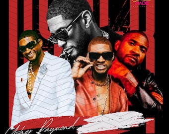 May include: A collage of images featuring singer Usher Raymond. The images are arranged in a grid pattern with a red background. The text "Usher Raymond" is written in white at the bottom of the image.