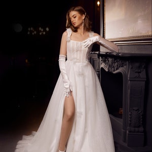 Lilea. A-Line. Wedding Dress. Corset Back. Square Neckline. Sparkle Bridal Gown