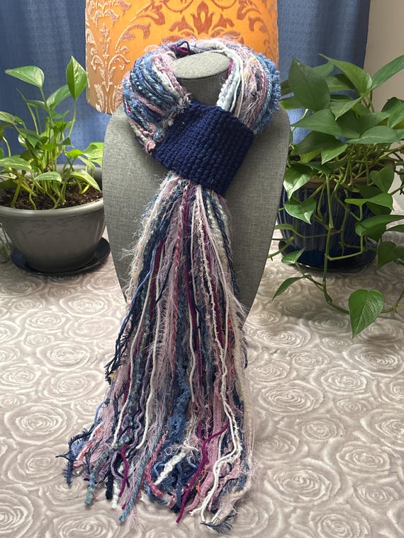 Gabby Boho Scarf in Navy With Blue Purple Novelty Fringe
