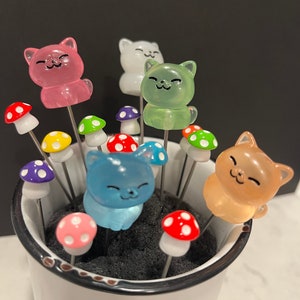 XL Glow Cat & 1 Small Color of your choice. Resin Mushroom Pokers for Garden Ornament or Pipe poker 4in long. Smoking tool accessories.