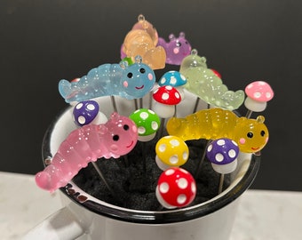 1 Glow Caterpillar & 1 Small Color of your choice. Resin Mushroom Pokers for Garden Ornament 4in long.
