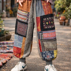 Calças de Moletom Hippie Patchwork | Calças Boho de Algodão e Cânhamo com Bordados Feitos à Mão | Calças Unissex
