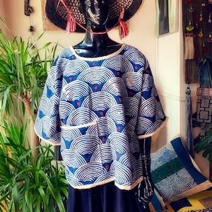 Blusa Indigo Shibori Wave: Blusa japonesa estilo boho wave