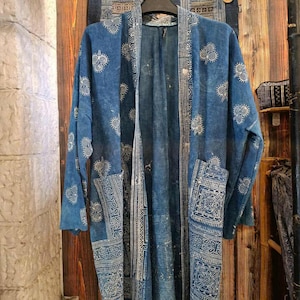Long Shibori Kimono Jacket | Indigo Hand-Dyed Batik & Bohemian Quilted Kimono | Cotton Kimono| Handmade Japanese Coat| Shibori Clothing