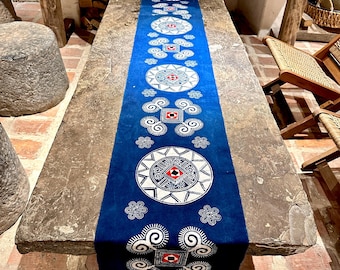 Hmong Indigo Batik Table Runner – Handmade Beeswax Painting Cotton Textile Art| Wall Hanging & Runner