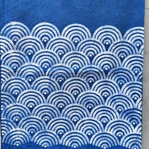 K&ouml;nnte beinhalten: Blaues Textil mit wei&szlig;em Wellenmuster. Das Design zeigt sich wiederholende Halbkreise, die einen geschichteten Effekt erzeugen. Der untere Rand hat Fransen. Der Stoff ist tiefblau.