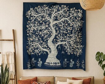 Indigo Tree of Life Tapestry: Hand-Drawn Hmong Tribal Art on Cotton