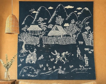 Hmong Indigo Batik Wall Art: Hand-Drawn  Folk Art Beeswax Painting Cotton Fabric