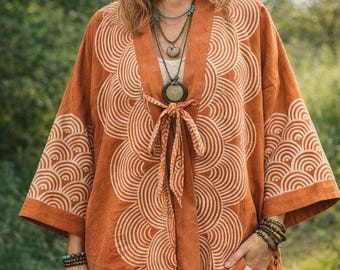 Chaqueta Haori Shibori hecha a mano – Abrigo de algodón con estampado de ondas teñido con raíz de ñame / Conjunto de primavera