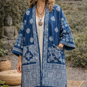 Indigo Shibori Kimono Robe: Hand-Dyed Cotton Boho Jacket