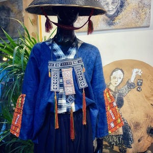 Handmade Hmong Hemp Blouse: Indigo Dyed, Embroidered Boho Top