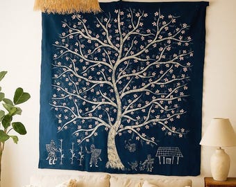 Indigo Tree of Life Tapestry: Hand-Drawn Hmong Tribal Art on Cotton