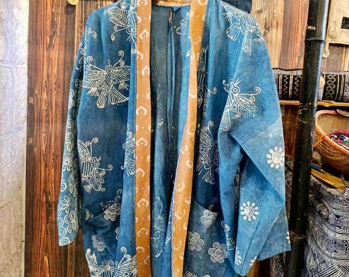 Fresh Look at Handmade Organic Cotton Indigo Dye Thai Jacket Kimono Shirt Robe