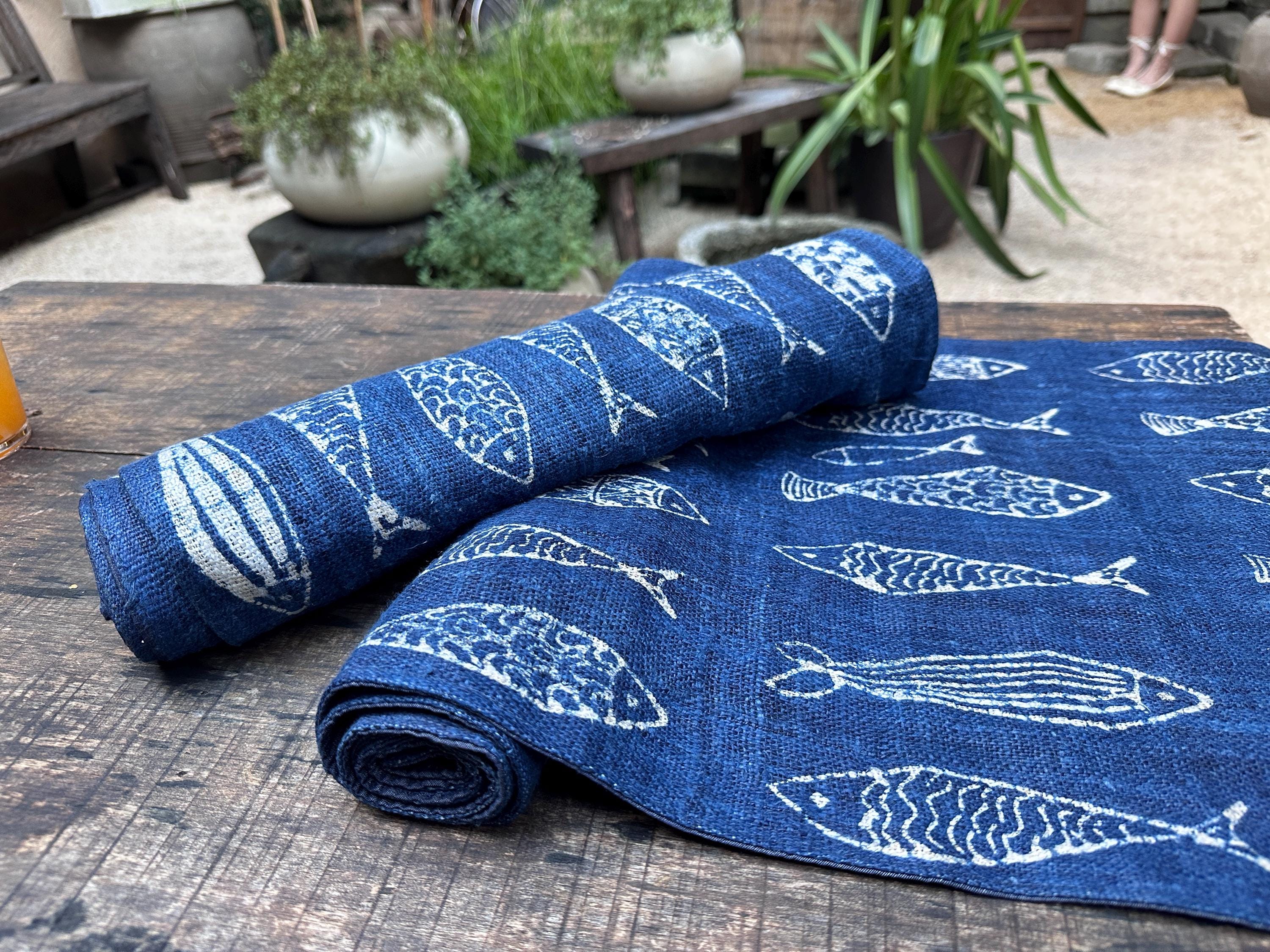Indigo Hemp Fish Table Runner| Japanese Seigaiha Shibori & Coastal