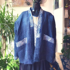 Japanese Shibori Hemp Kimono Jacket | Short Blue Coat | Boho Tribal Freesize | Plant Dyed  & Hand Drawing| NOT INCLUDED Halter Top