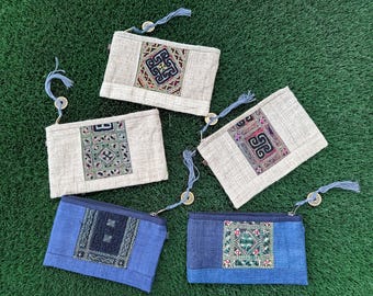 Portafoglio in canapa fatto a mano: pochette con ricamo Hmong, pochette etnica con cerniera