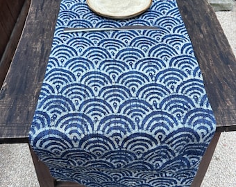 Indigo Wave Hemp Table Runner: Hand-Dyed Shibori Japanese Seigaiha Fabric