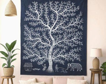 Hand-Drawn Indigo Tree of Life Tapestry: Hmong Tribal Cotton Wall Art