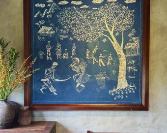 Hand-drawing Indigo Batik Wall Art: Hmong Traditional Beeswax Painting | Folk Art 145x145cm (Unframed)
