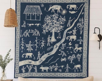 Hand-Drawn Hmong Indigo Batik Wall Art: Folk Art Beeswax Painting Cotton Textile