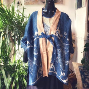 Hand-Dyed Hemp Kimono Jacket | Japanese Shibori Coat | Boho Tribal Freesize | Natural Hand Drawn and Beeswax Dyed| NOT INCLUDED Halter Top