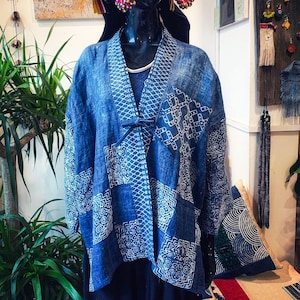 Indigo Hemp Kimono Jacket | Hmong Batik Quilted Kimono | Handmade Hemp Boho Wrap Coat | Japanese Style Jacket | Ethical Tribal Clothing