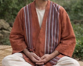 Men's Kendo Meditation Jacket – Natural Dyed Handwoven Cotton Men Resort Jacket | One Size