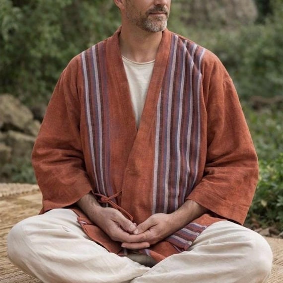 Men's Kendo Meditation Jacket – Natural Dyed Handwoven Cotton Men Resort Jacket | One Size