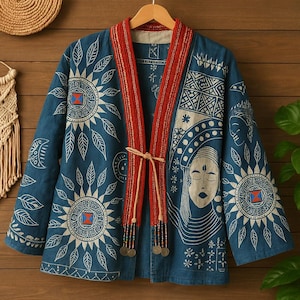 Puede incluir: Chaqueta azul con diseños blancos de soles y caras, y un cuello rojo y beige. La chaqueta tiene un cierre de lazo y está colgada de una percha de madera. El diseño de la chaqueta incluye soles, hojas y una cara.