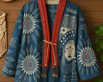 Chaqueta kimono Hmong índigo / Abrigo de algodón batik hecho a mano / Chaqueta bohemia tribal bordada