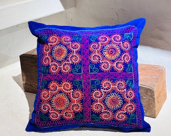 Hmong Embroidery Blue Velvet Pillow Cover | Handmade Tribal Textile Cushion Cover (18x18 Inch)