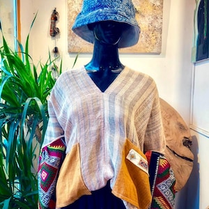 Handmade Cotton Batik Blouse: Embroidered Sleeves, Sustainable Boho Top