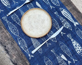 Indigo Hemp Fish Table Runner| Japanese Seigaiha Shibori & Coastal Runner | Kitchen Decoration