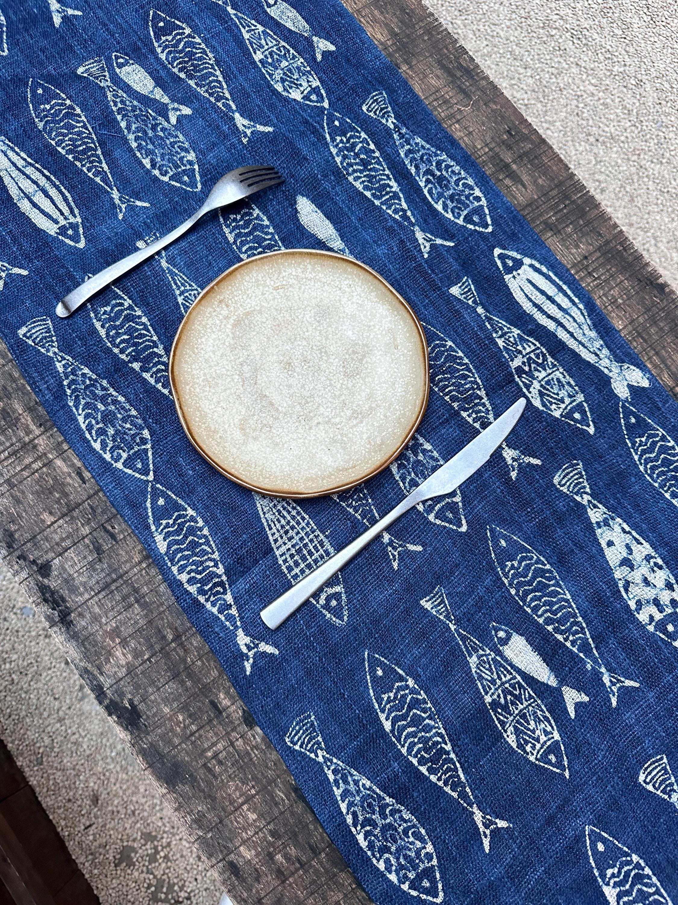Indigo Hemp Fish Table Runner| Japanese Seigaiha Shibori & Coastal