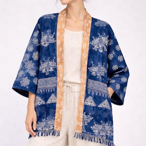 Indigo Batik Cotton Kimono Robe: Hmong Shibori Quilted Jacket