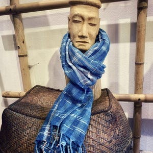 Handwoven Cotton Scarf: Rustic Blue Thai Knit Boho Wrap