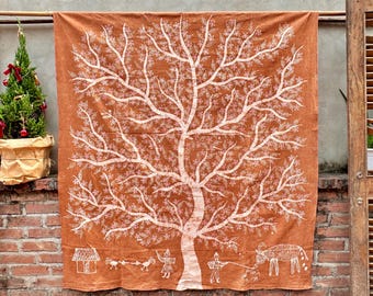 Hmong Tree of Life Tapestry: Hand-Drawn  Wall Art, Natural Yam Dye Cotton | Cottage Decor