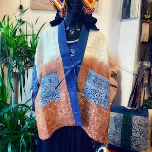 Hemp Indigo Kimono Robe | Brown & Blue Beeswax Dyed | Hmong Pattern Coat | Japanese Style Freesize Jacket | Boho Tribal Outerwear