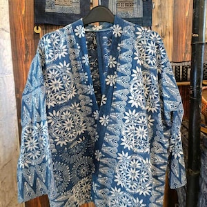 Indigo Quilted Batik Kimono: Hand-Dyed Cotton Bohemian Jacket