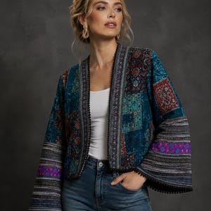 Hmong Boho Cropped Women Jacket | Linen Cotton Embroidery Patchwork Floral Coat