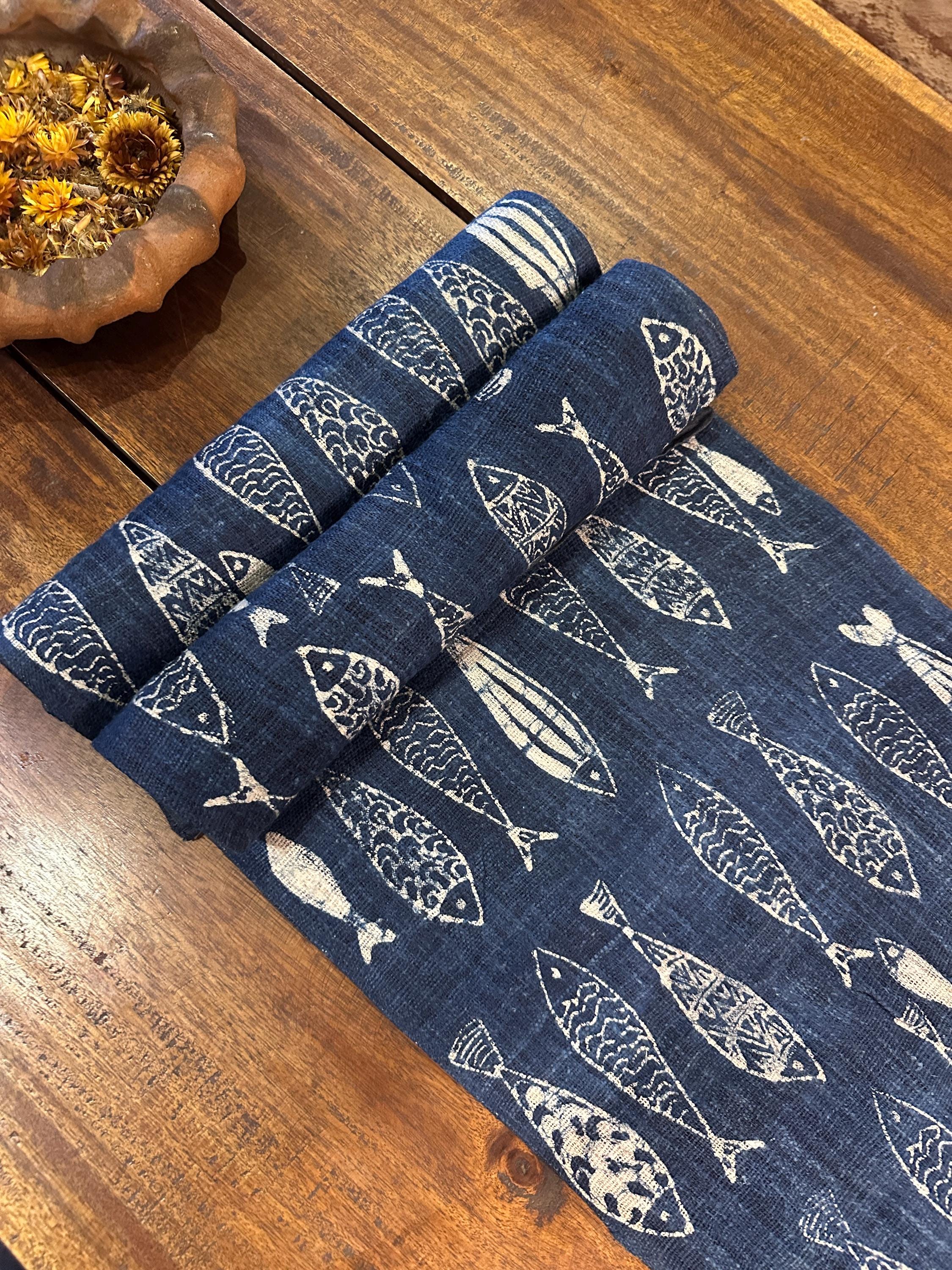 Indigo Hemp Fish Table Runner| Japanese Seigaiha Shibori & Coastal