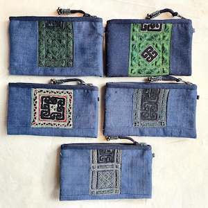 Cartera de cáñamo Hmong / Tarjetero sostenible / Monedero / Neceser con estampado Hmong - Cáñamo azul - Tejido ecológico / 20 x 11,5 cm