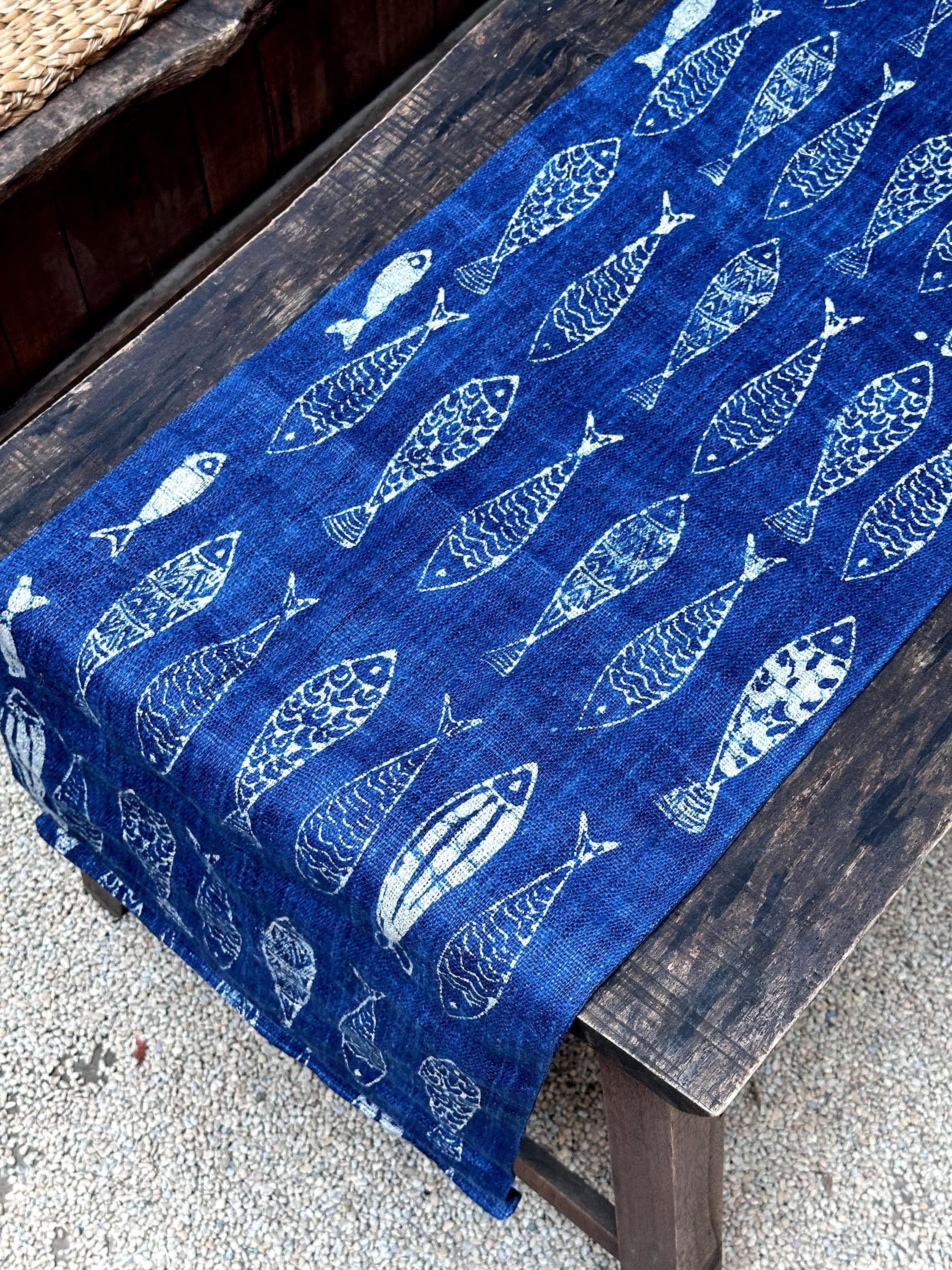 Indigo Hemp Fish Table Runner: Japanese Seigaiha Shibori & Coastal ...