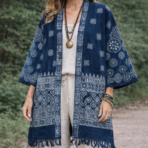Indigo Batik Kimono Robe – Hmong Cotton Artisan Statement Coat, Boho Spring Outfit