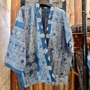 Indigo Hmong Kimono Robe: Hand-Dyed Batik Cotton Jacket